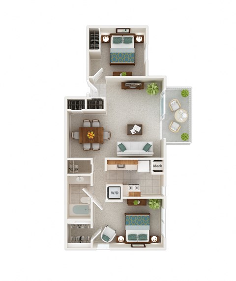 Floor plan for 2 beds, 1 bath, 889 sqft